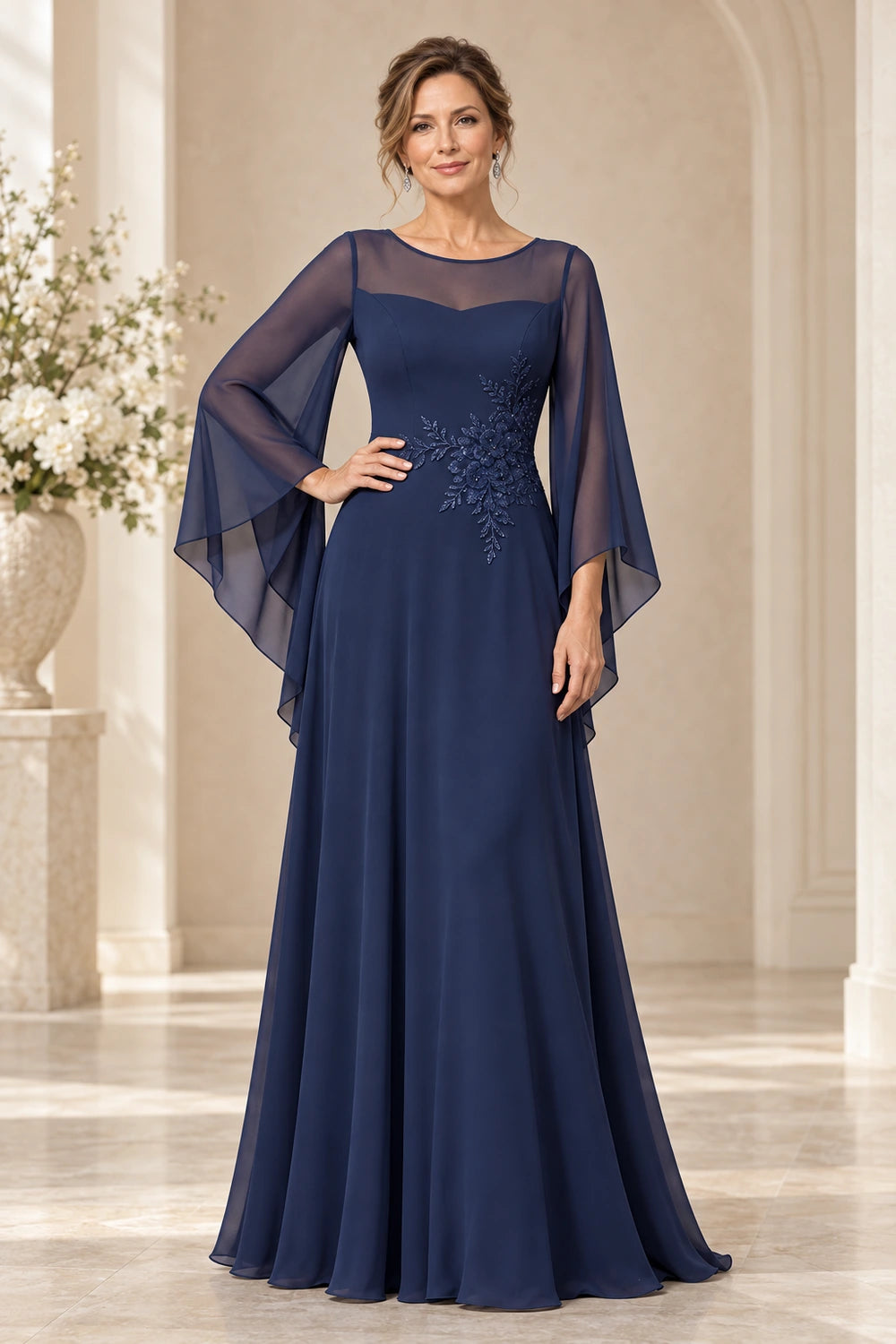Beaded Waist Sheer Yoke Long Sleeve Chiffon Mother of the Bride Dress