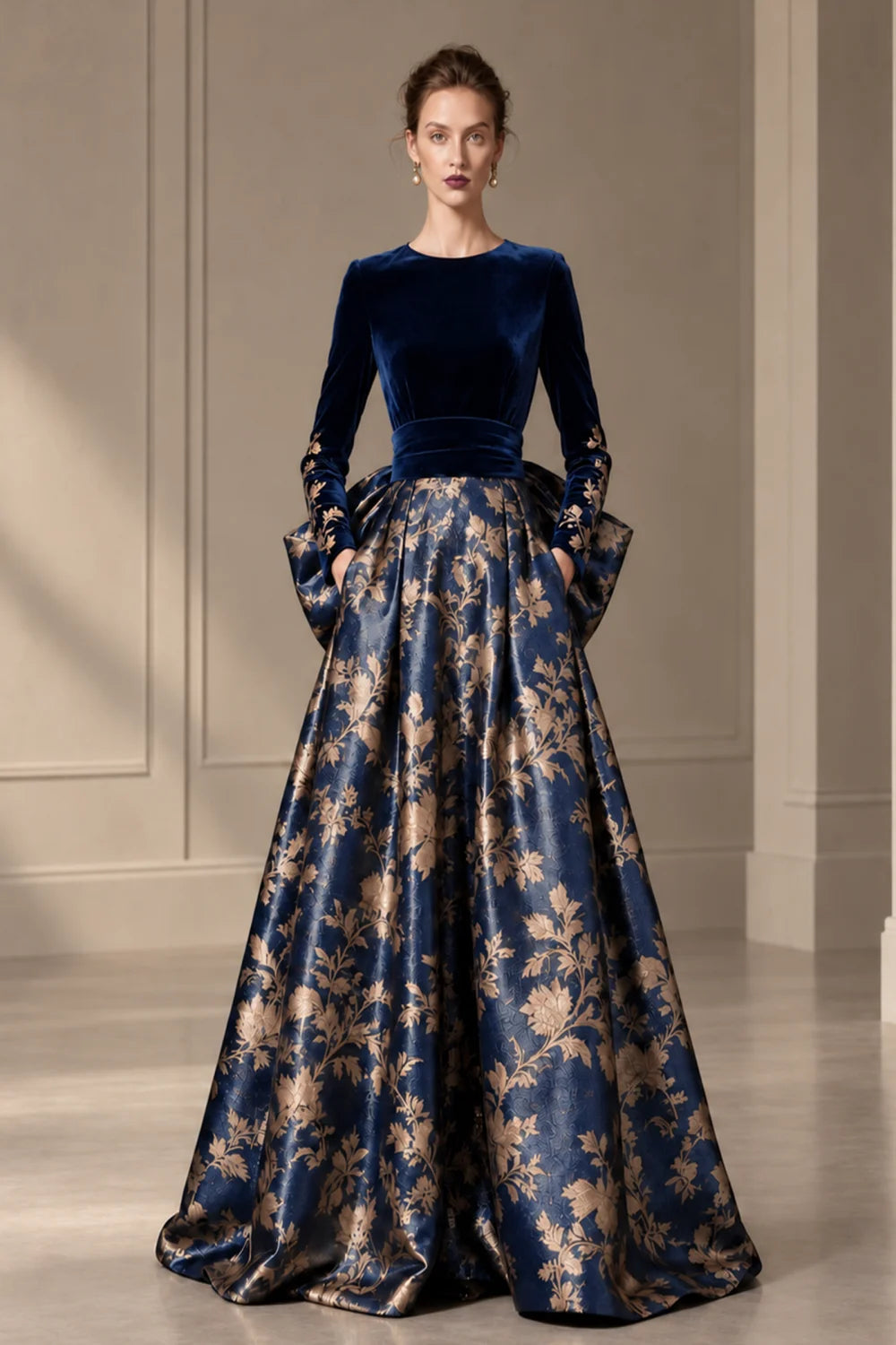 Front view of a navy blue dress with a dark bodice and a full floral skirt.