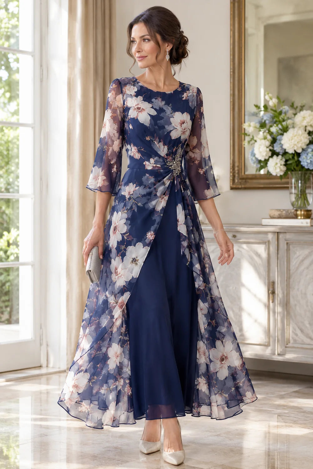 Navy Blue Floral Overlay Tea-Length Mother of the Bride Dress