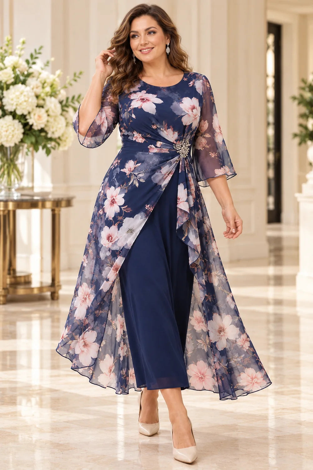 Navy Blue Floral Overlay Tea-Length Mother of the Bride Dress
