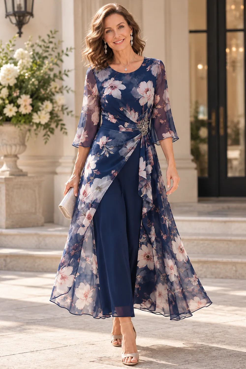 Navy Blue Floral Overlay Tea-Length Mother of the Bride Dress