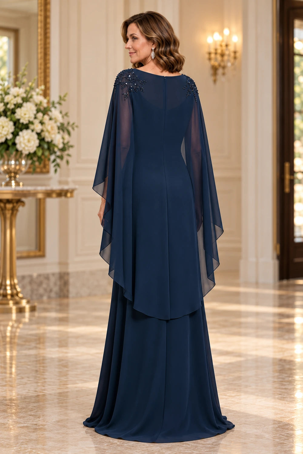 Navy Blue Illusion Neck Cape Mother of the Bride Dress