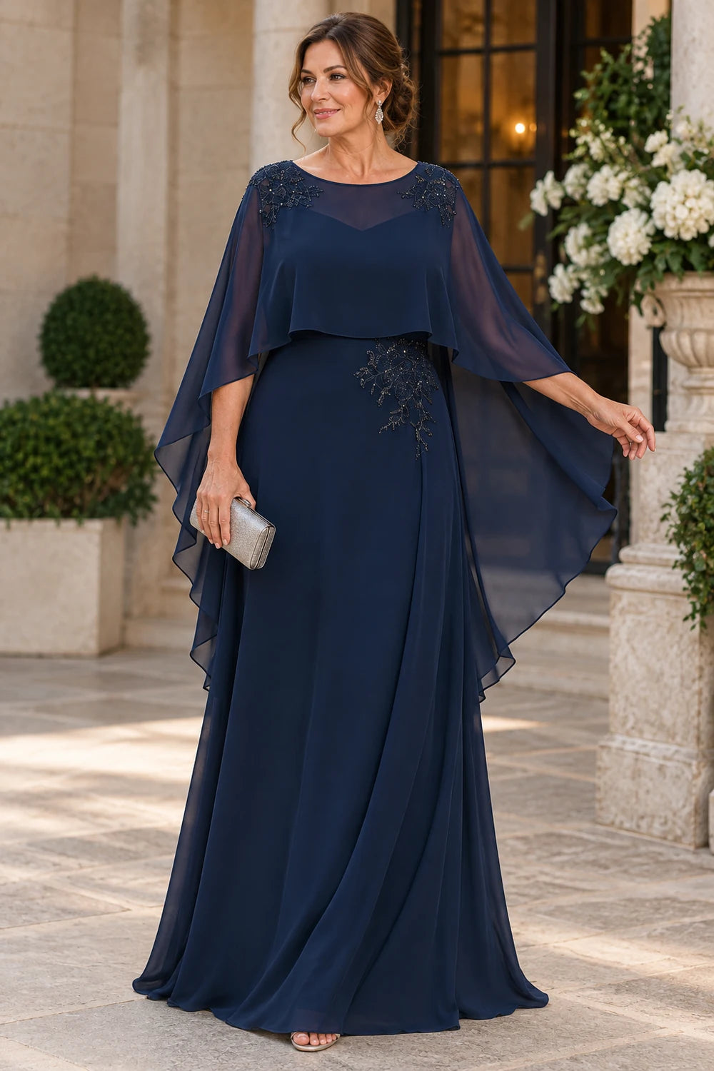 Navy Blue Illusion Neck Cape Mother of the Bride Dress