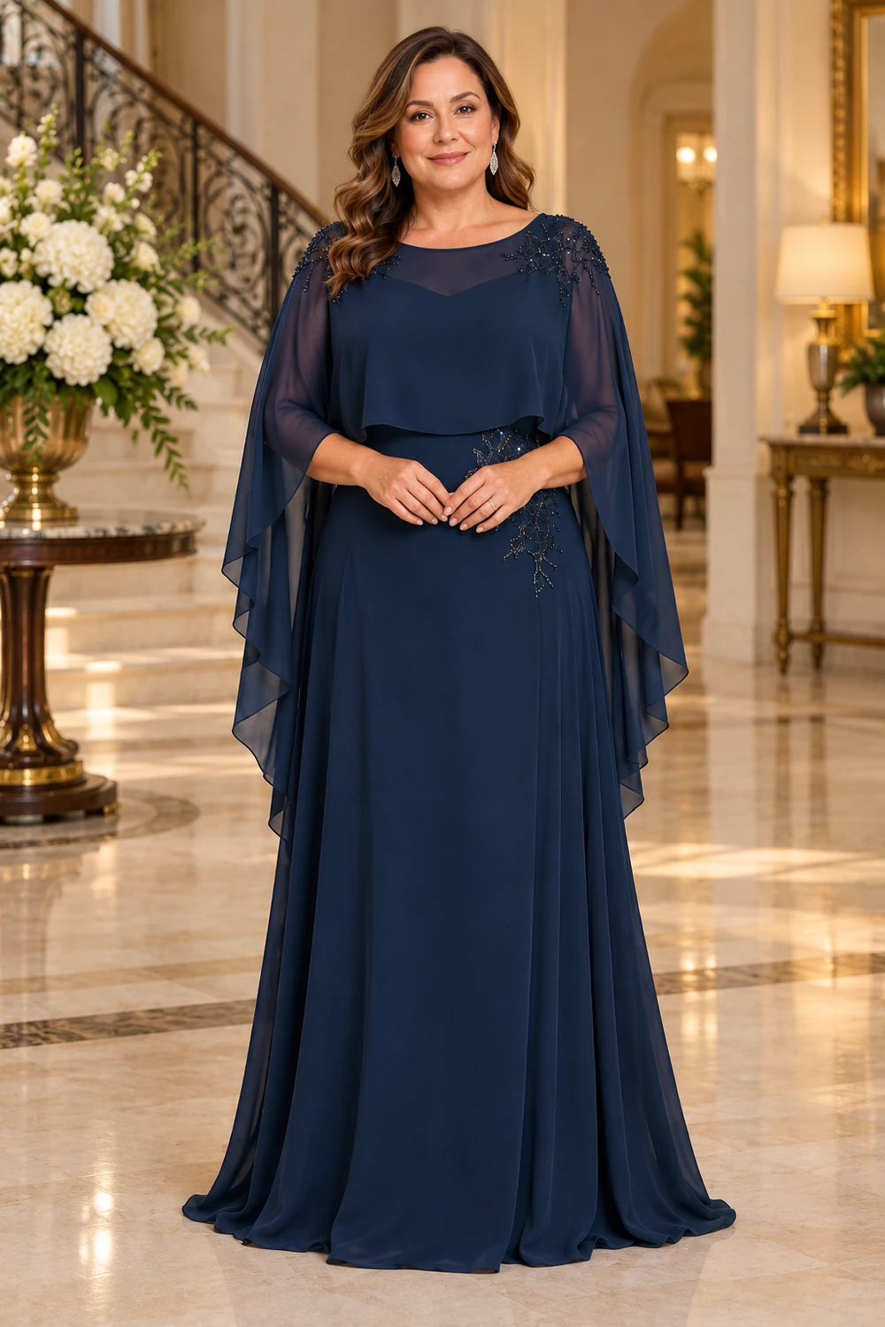Navy Blue Illusion Neck Cape Mother of the Bride Dress