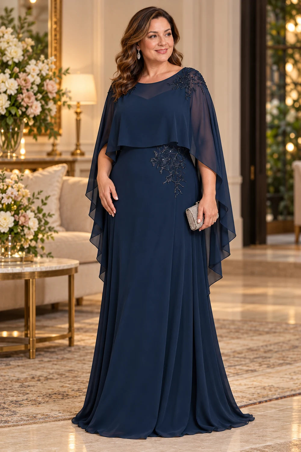 Navy Blue Illusion Neck Cape Mother of the Bride Dress