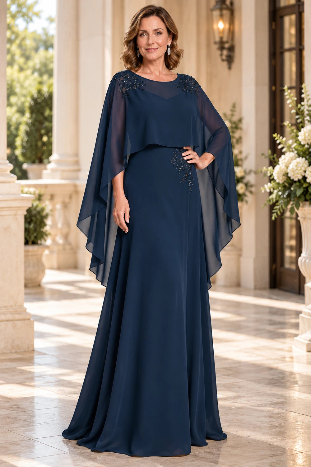 Navy Blue Illusion Neck Cape Mother of the Bride Dress