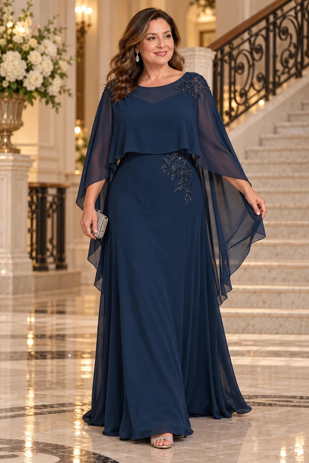 Navy Blue Illusion Neck Cape Mother of the Bride Dress