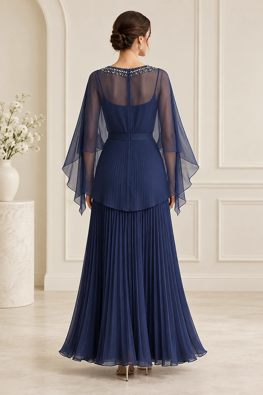Pleated Cape Sleeve Chiffon Mother of the Bride Dress