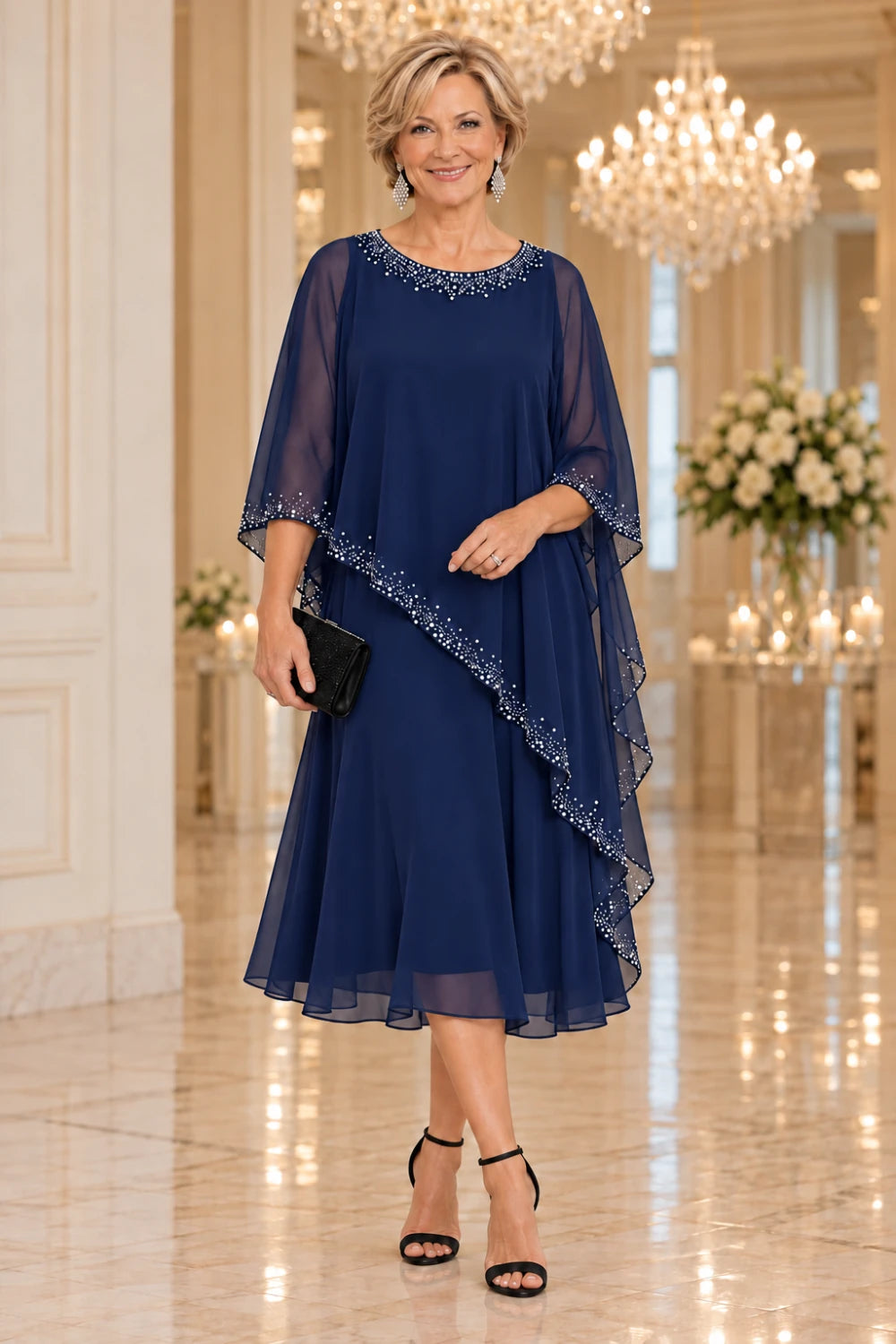 Navy midi dress with a decorated round neckline and sheer waterfall cape, front view.