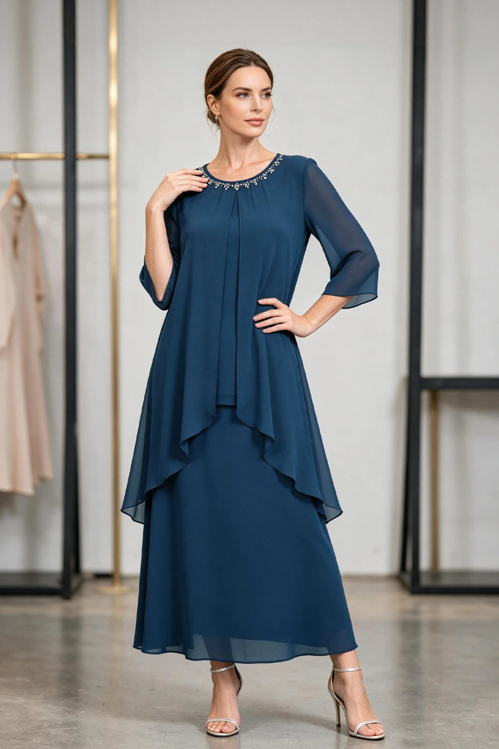 Peacock Blue Beaded Tier Chiffon Mother of the Bride Dress
