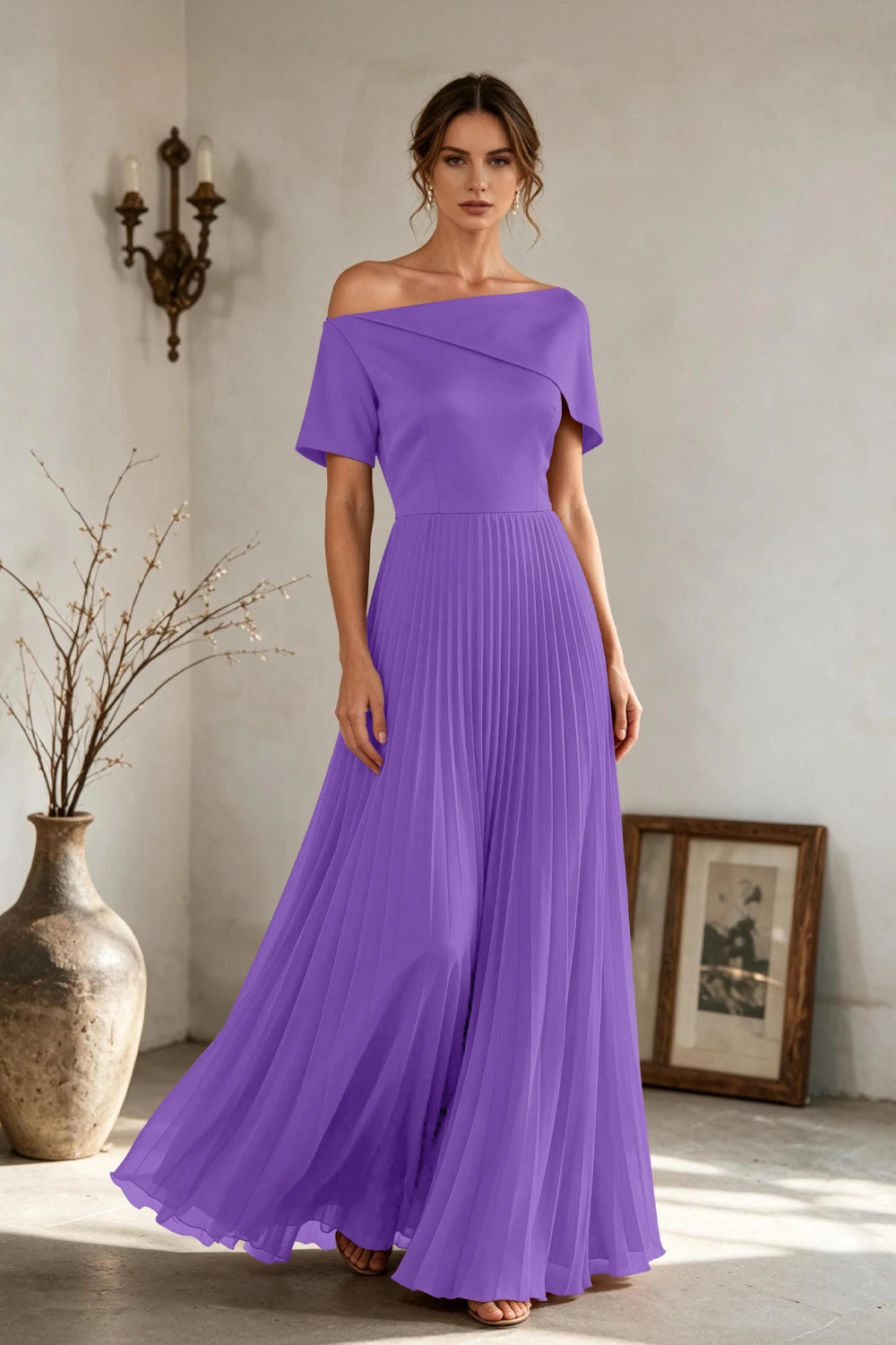 Copper Brown Off-Shoulder Draped Pleated Chiffon Floor-Length Dress