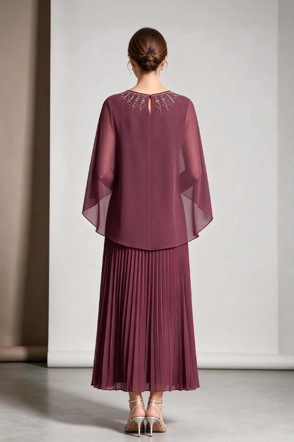 Plum Beaded Cape Sleeve Pleated Chiffon Mother of the Bride Dress