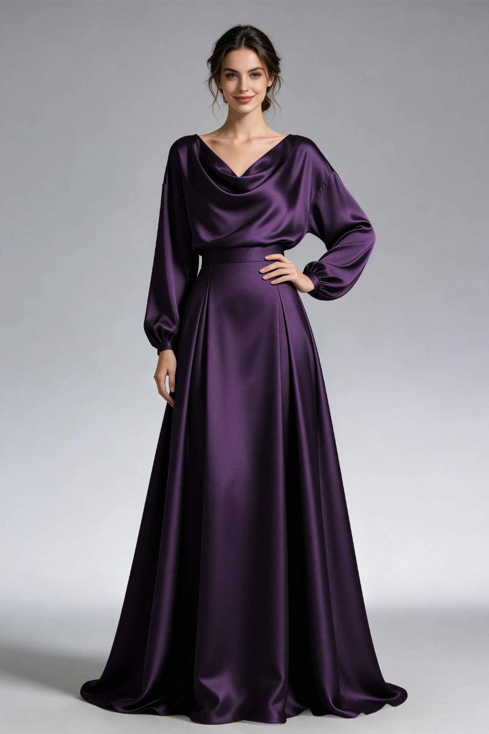 Front view of the plum cowl-neck gown with loose long sleeves and a wide waistband.