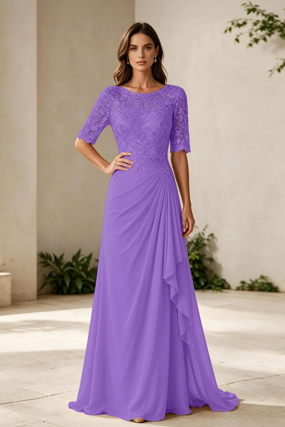Champagne Lace Bodice Three-Quarter Sleeve Draped Side Chiffon Floor-Length Dress