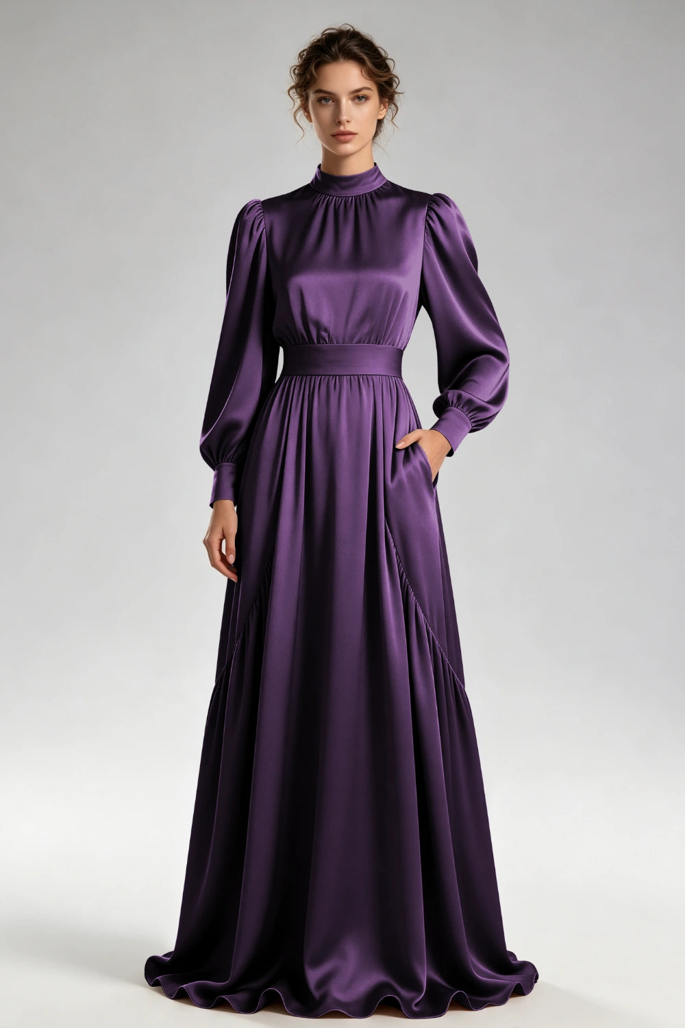 Front view of the plum high-neck gown with bishop sleeves and a wide waistband.