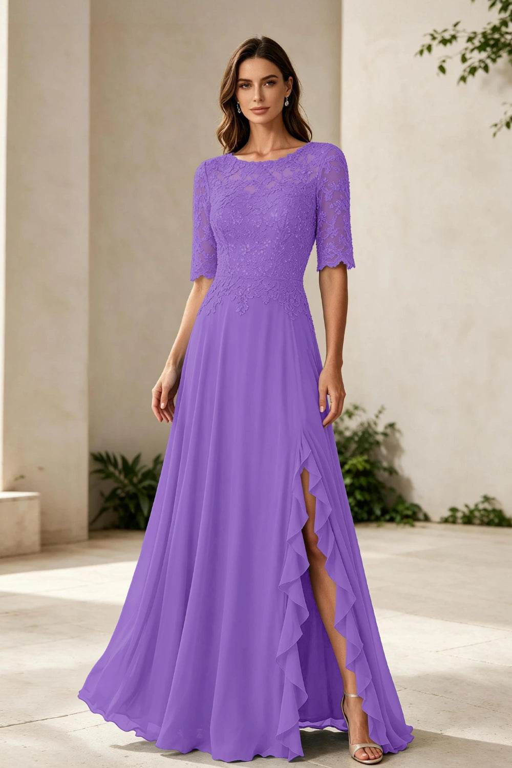 Dusty Blue Lace Bodice Three-Quarter Sleeve Ruffle Slit Chiffon Floor-Length Dress