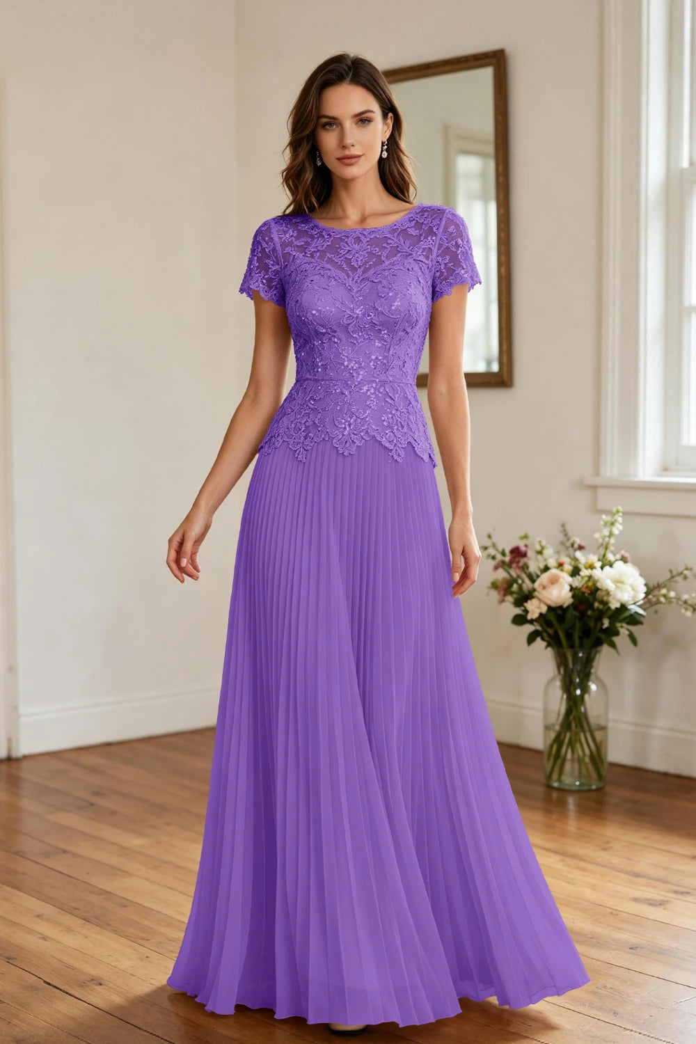 Champagne Lace Short Sleeve Pleated Chiffon Floor-Length Dress