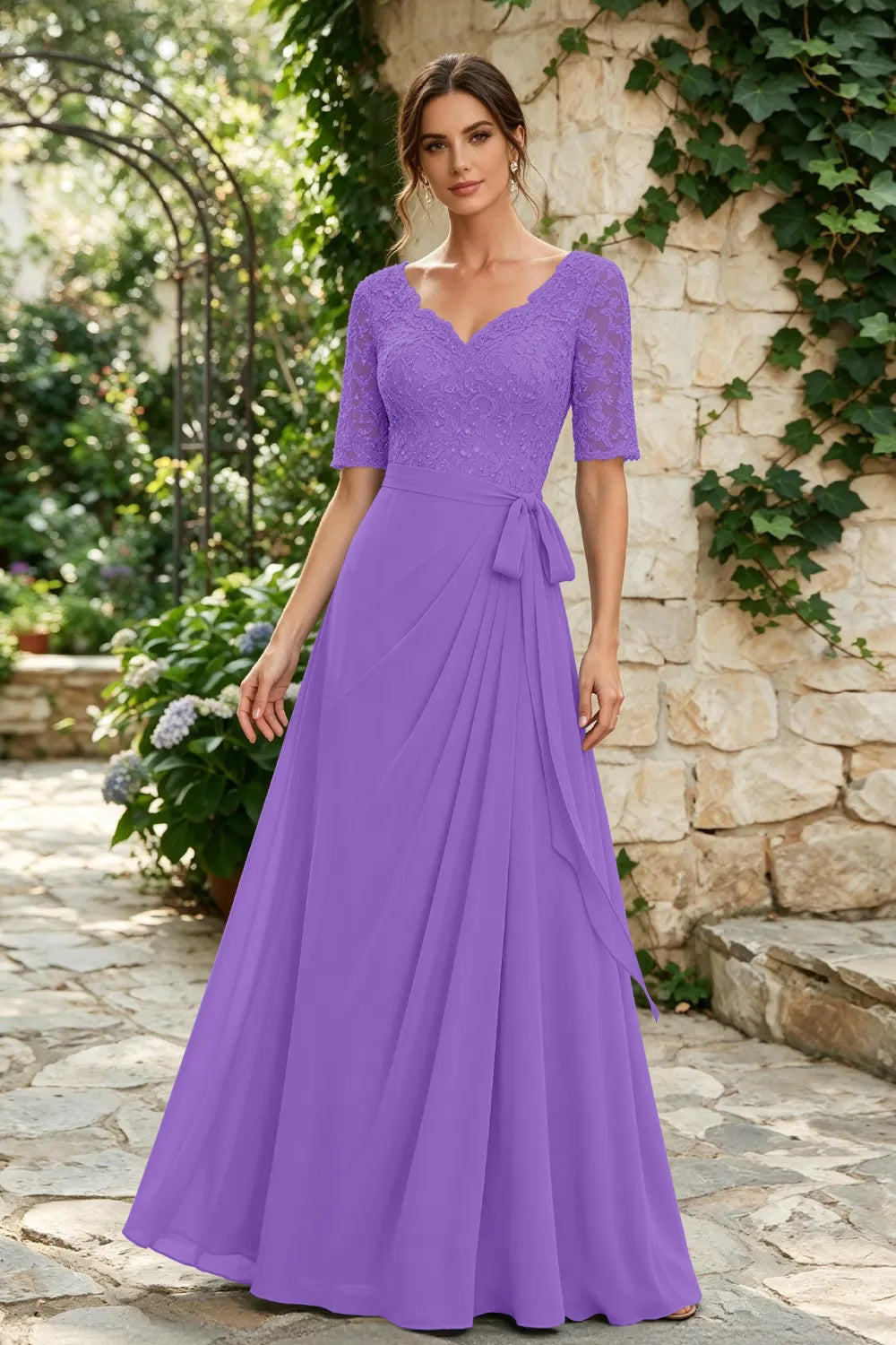 Dusty Blue Lace Elbow-Sleeve Sash Chiffon Floor-Length Dress