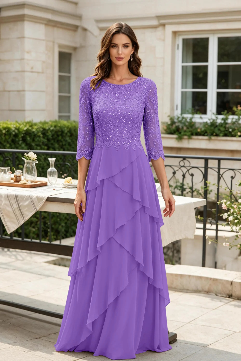 Gray Sequin Lace Bodice Three-Quarter Sleeve Tiered Ruffle Chiffon Floor-Length Dress
