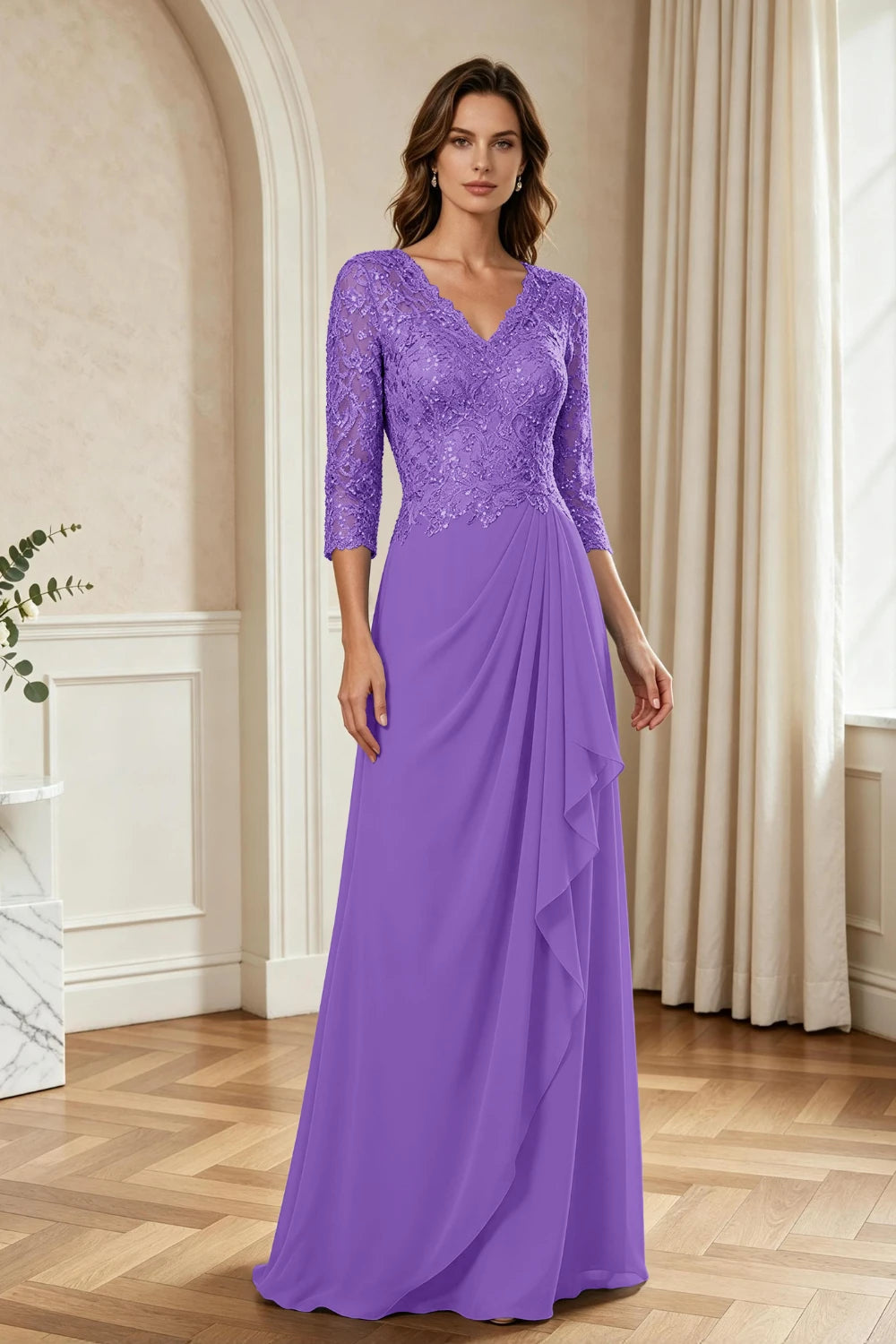 Dusty Blue Lace Three-Quarter Sleeve Draped Cascade Chiffon Floor-Length Dress