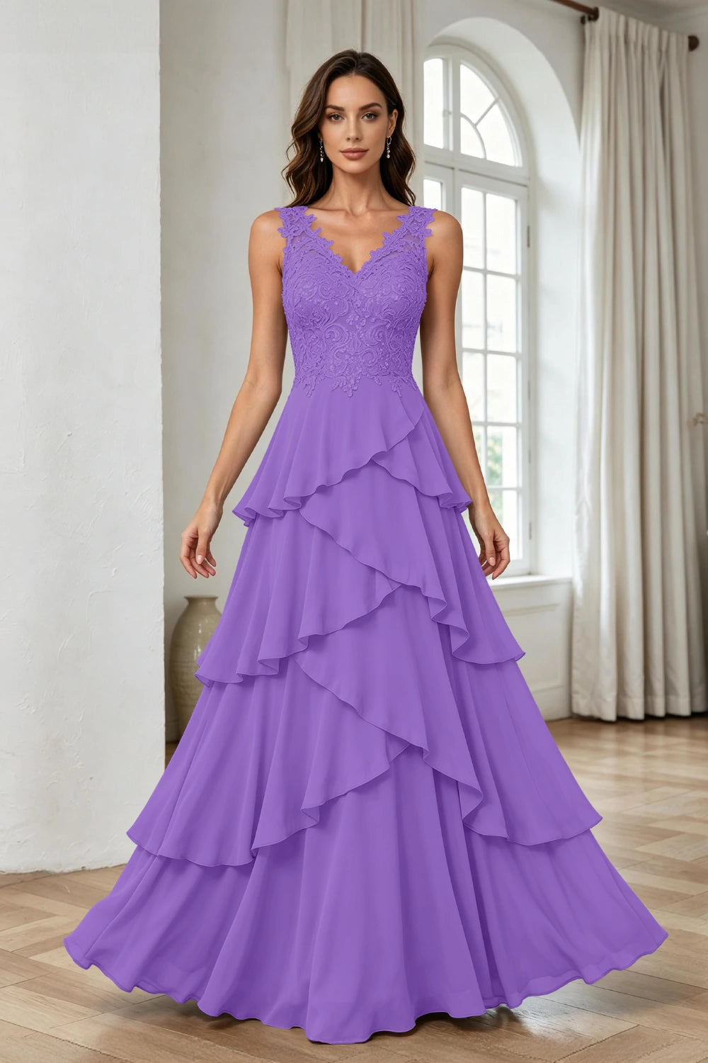 Silver Gray Lace Sleeveless Tiered Chiffon Floor-Length Dress