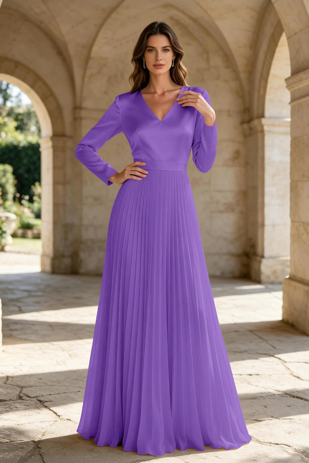 Champagne Satin Long Sleeve Knife-Pleated Chiffon Floor-Length Dress