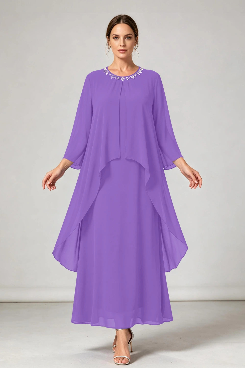 Royal Blue Beaded Neck Asymmetric Overlay Chiffon Mother of the Bride Dress