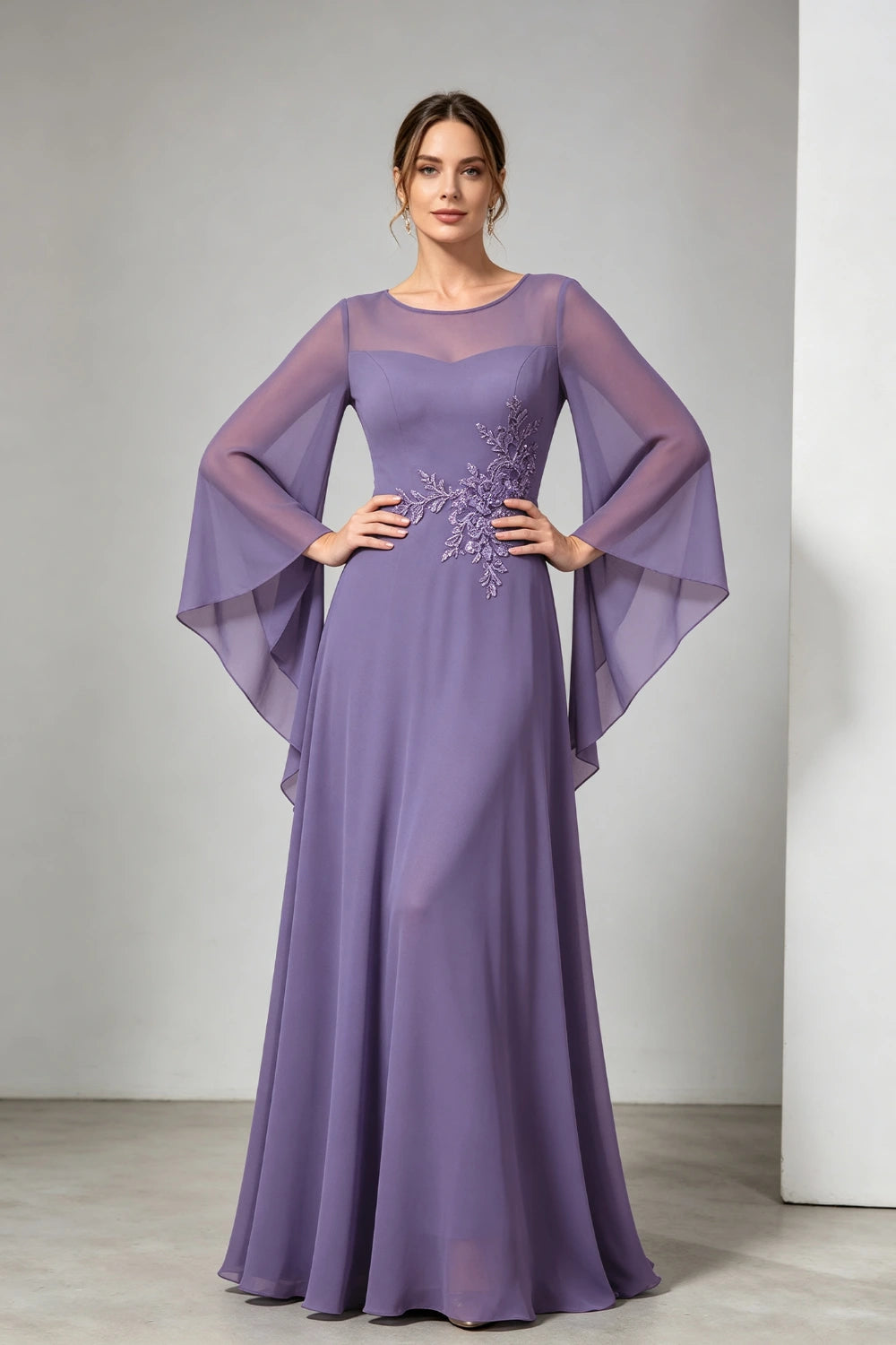 Purple Beaded Waist Sheer Yoke Long Sleeve Chiffon Mother of the Bride Dress