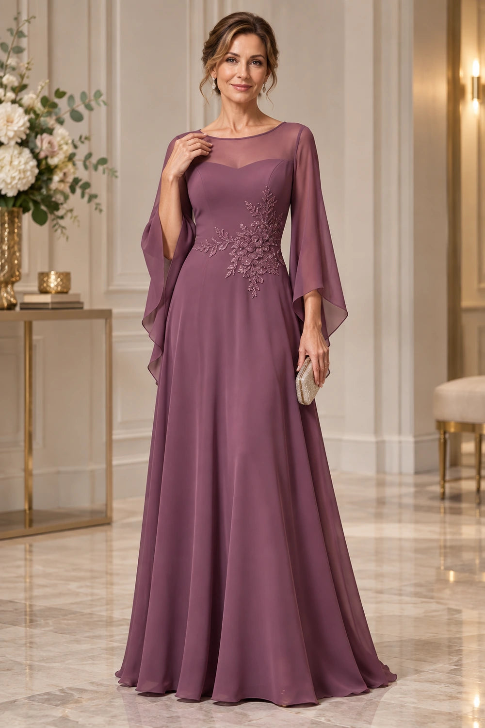 Beaded Waist Sheer Yoke Long Sleeve Chiffon Mother of the Bride Dress