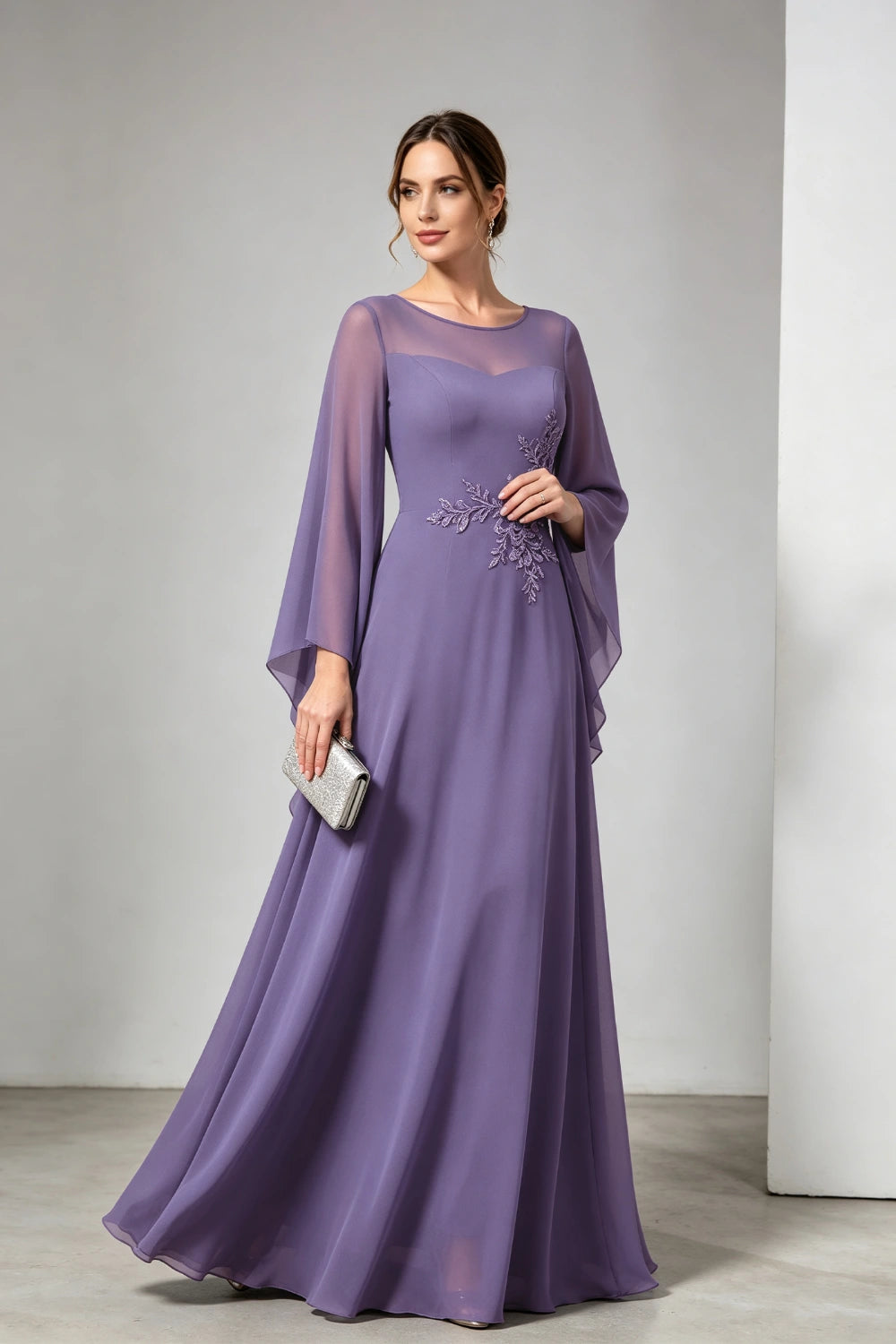 Purple Beaded Waist Sheer Yoke Long Sleeve Chiffon Mother of the Bride Dress