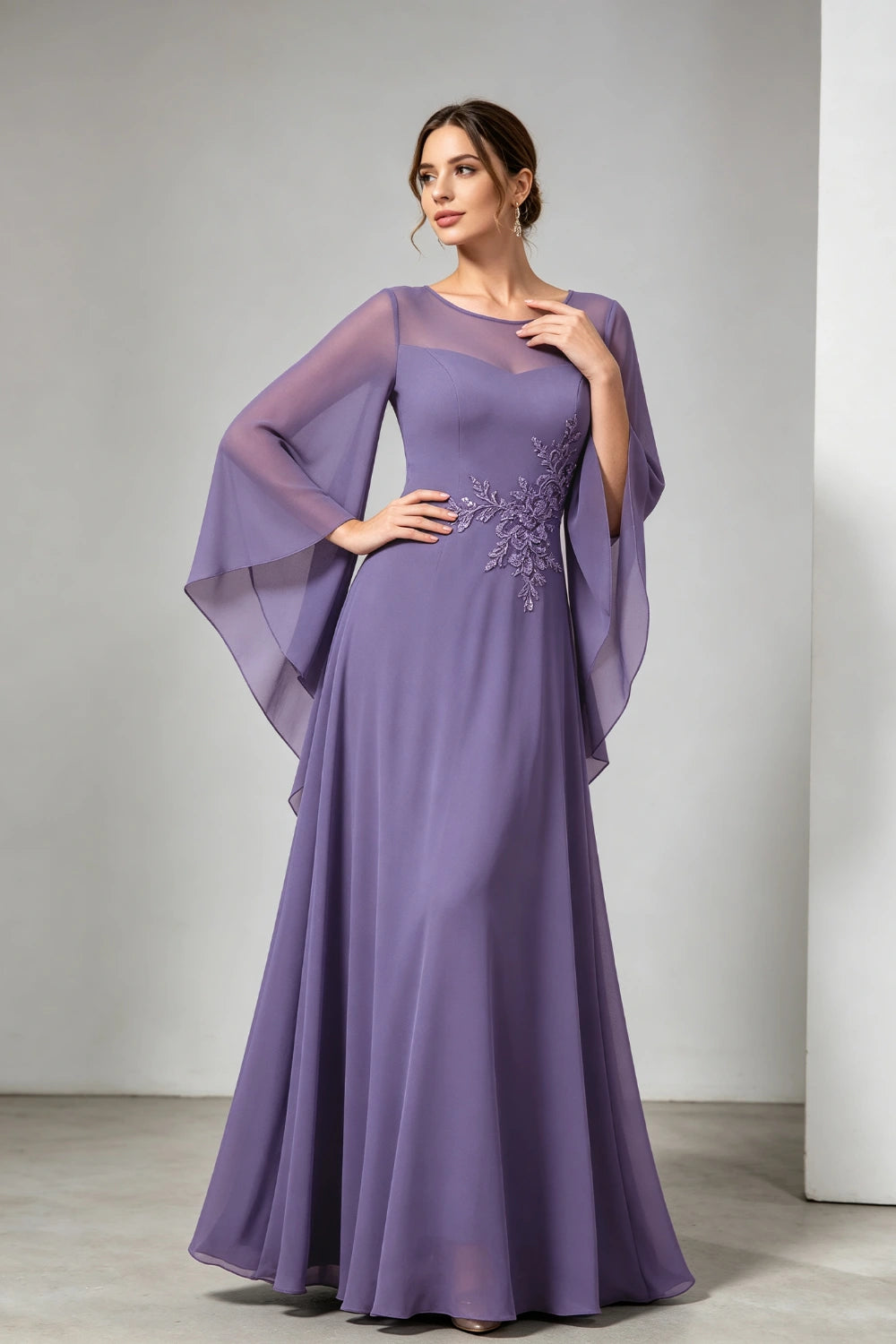 Purple Beaded Waist Sheer Yoke Long Sleeve Chiffon Mother of the Bride Dress