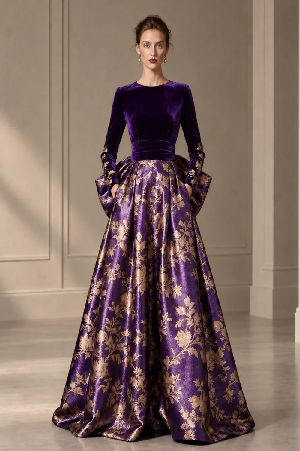 Front view of a purple dress with a dark bodice and a full floral skirt.