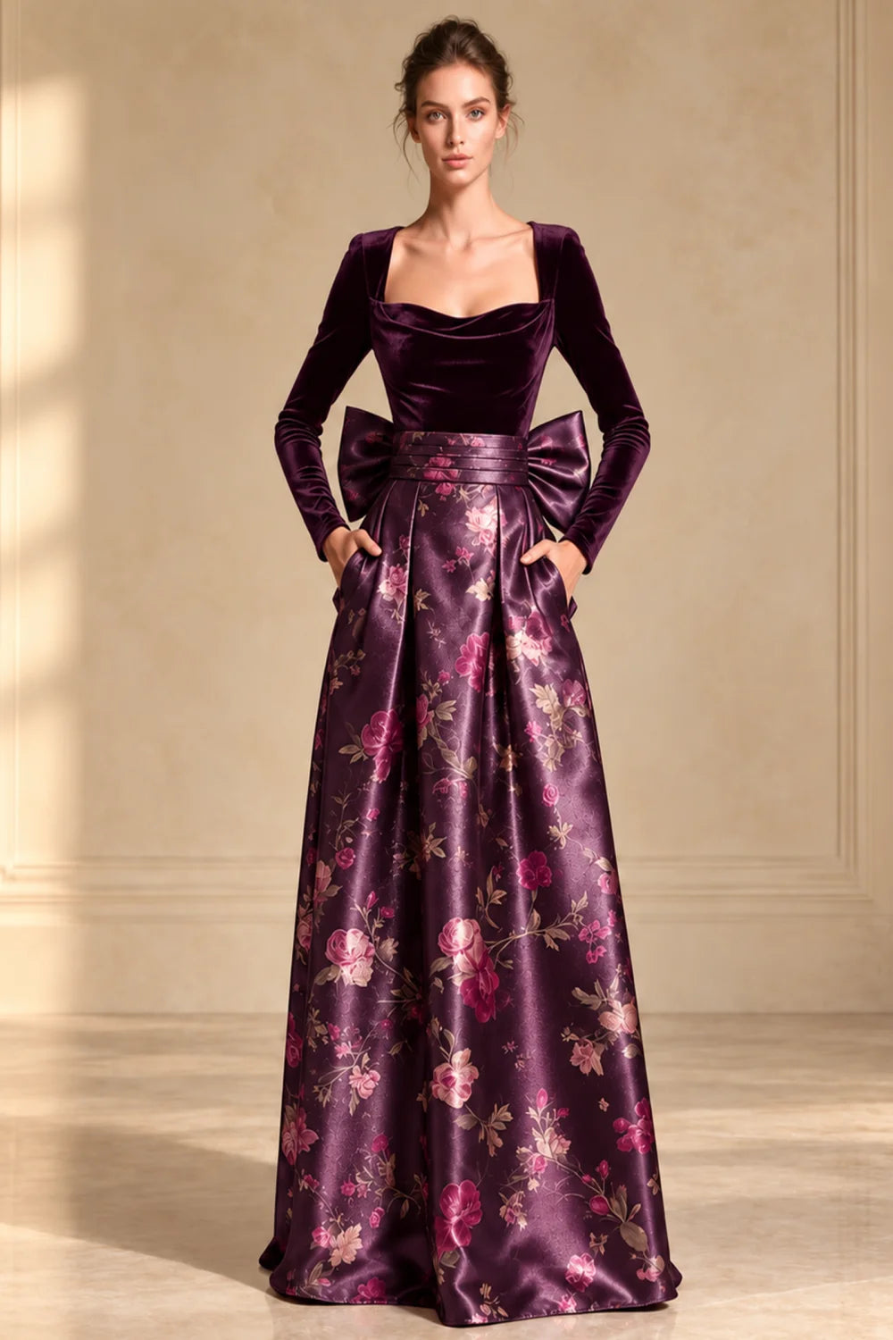 Front view of a purple dress with a dark bodice and full floral skirt.