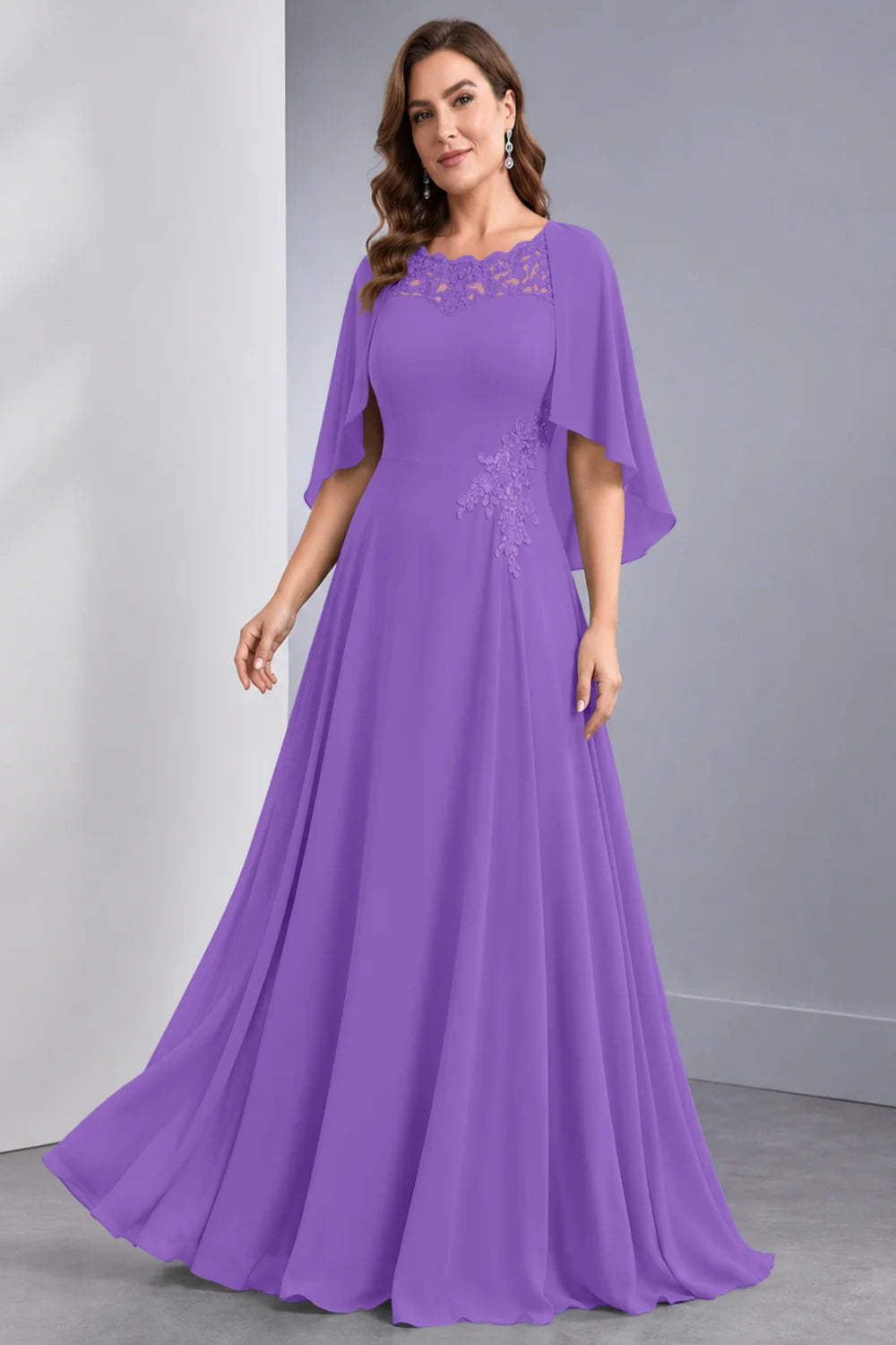 Front view of a purple dress with draped sleeve panels and a lace neckline.