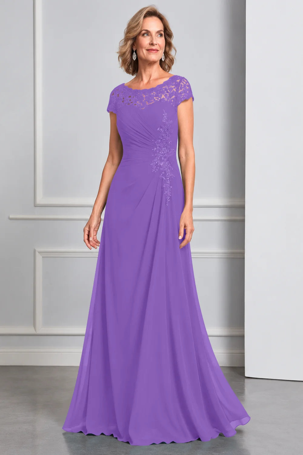 Front view of a purple dress with lace cap sleeves and side waist decoration.