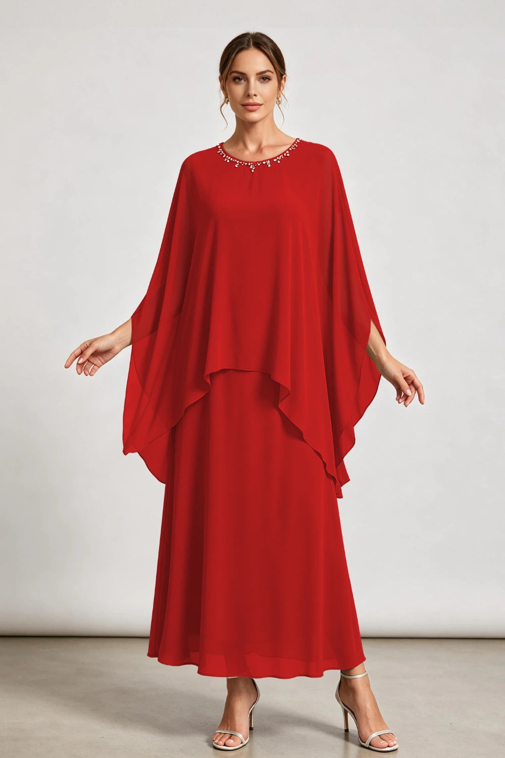 Dusty Sage Beaded Neck Draped Overlay Chiffon Mother of the Bride Dress