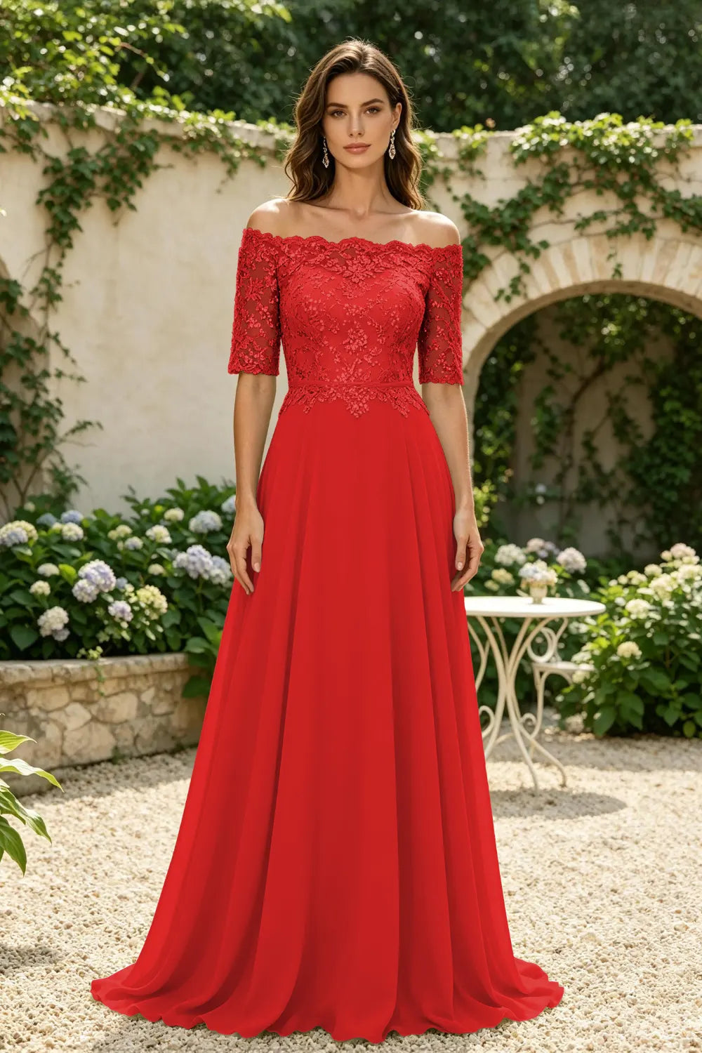 Sage Green Off-Shoulder Lace Bodice A-Line Chiffon Floor-Length Dress
