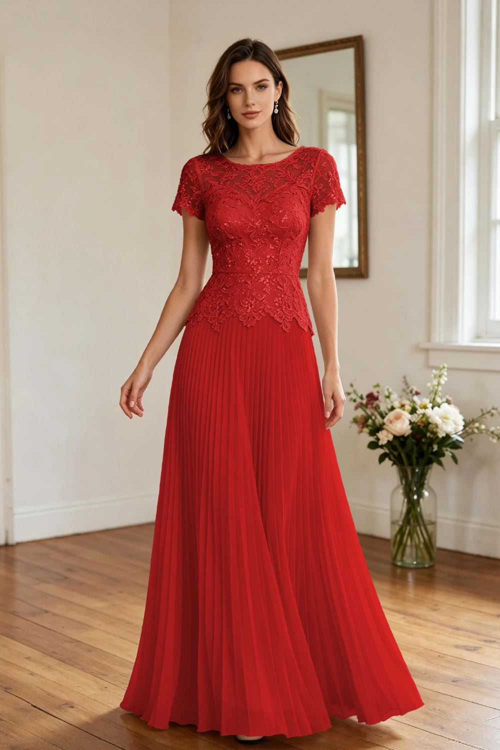 Champagne Lace Short Sleeve Pleated Chiffon Floor-Length Dress