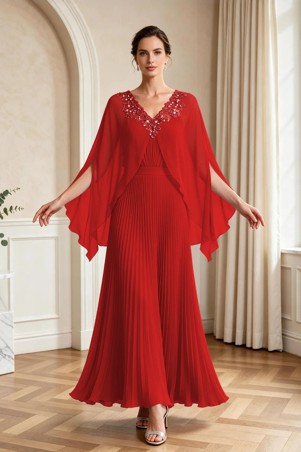 Lavender Pleated Cape Sleeve Chiffon Mother of the Bride Dress
