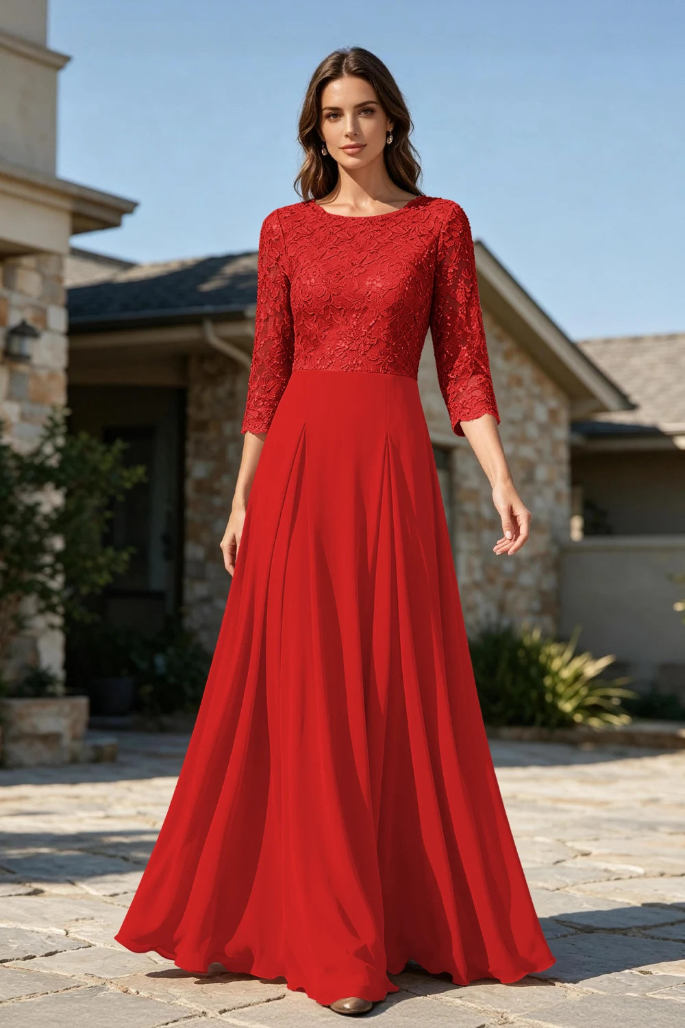 Dusty Rose Lace Three-Quarter Sleeve Pleated Chiffon Floor-Length Dress