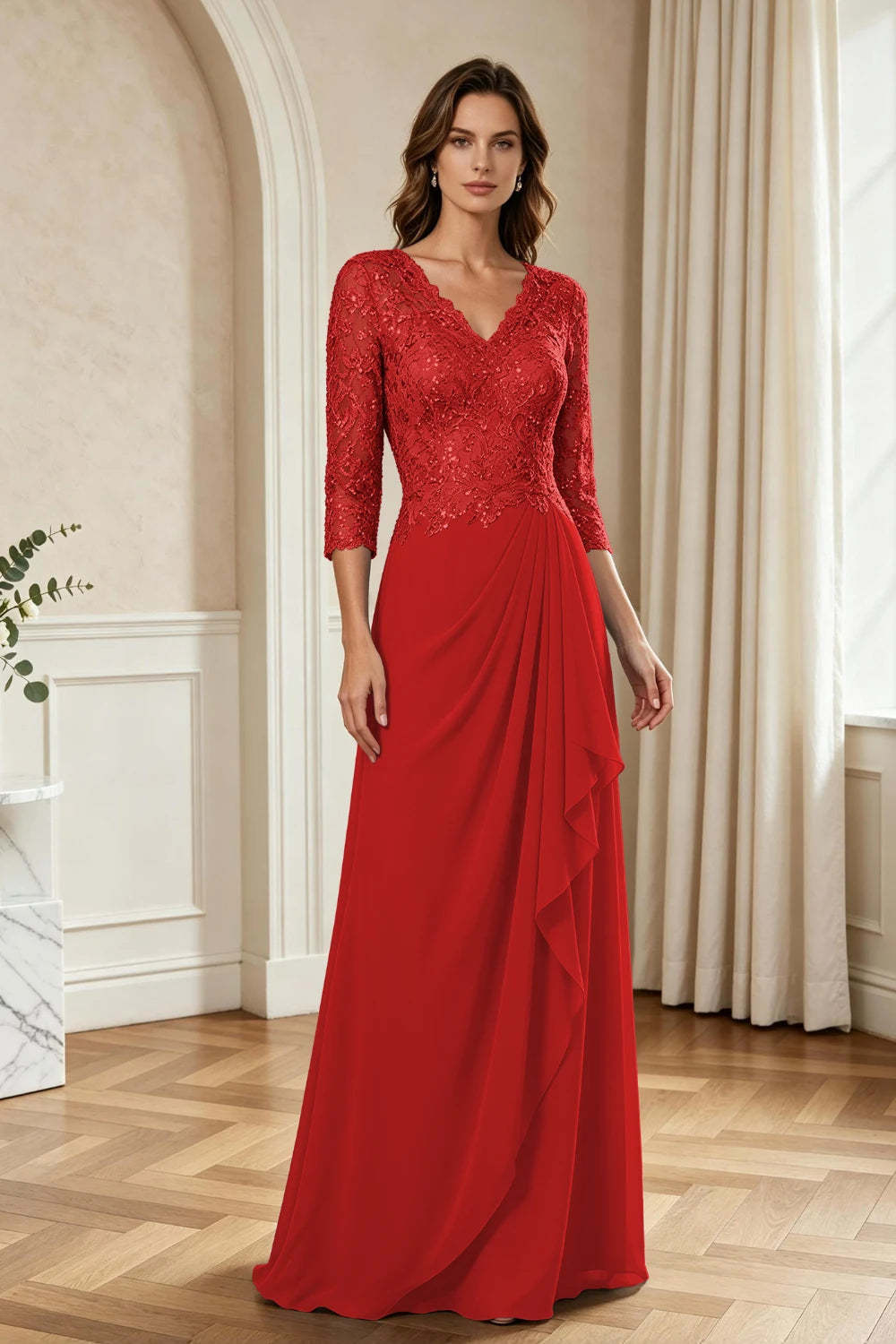Dusty Blue Lace Three-Quarter Sleeve Draped Cascade Chiffon Floor-Length Dress