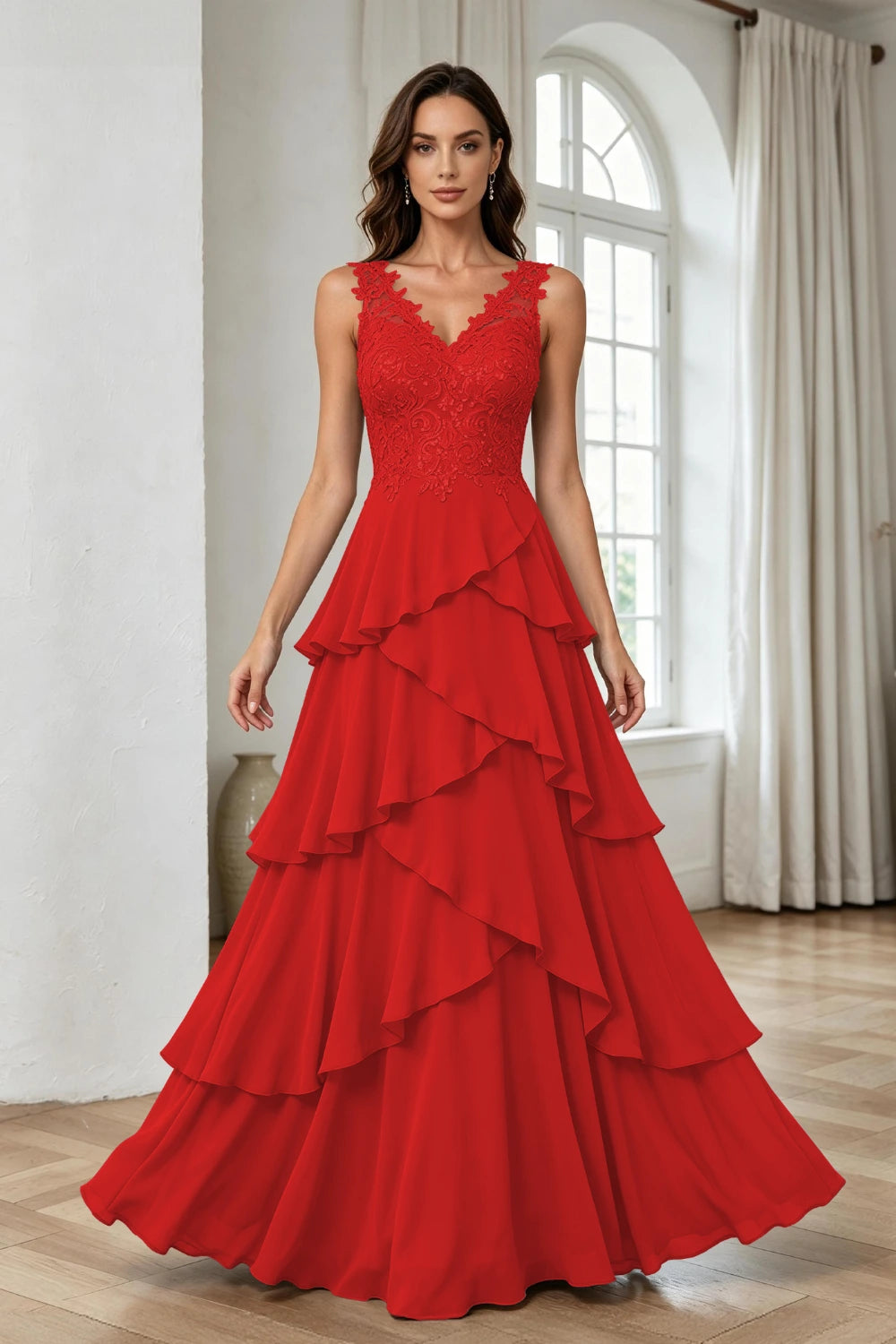 Silver Gray Lace Sleeveless Tiered Chiffon Floor-Length Dress