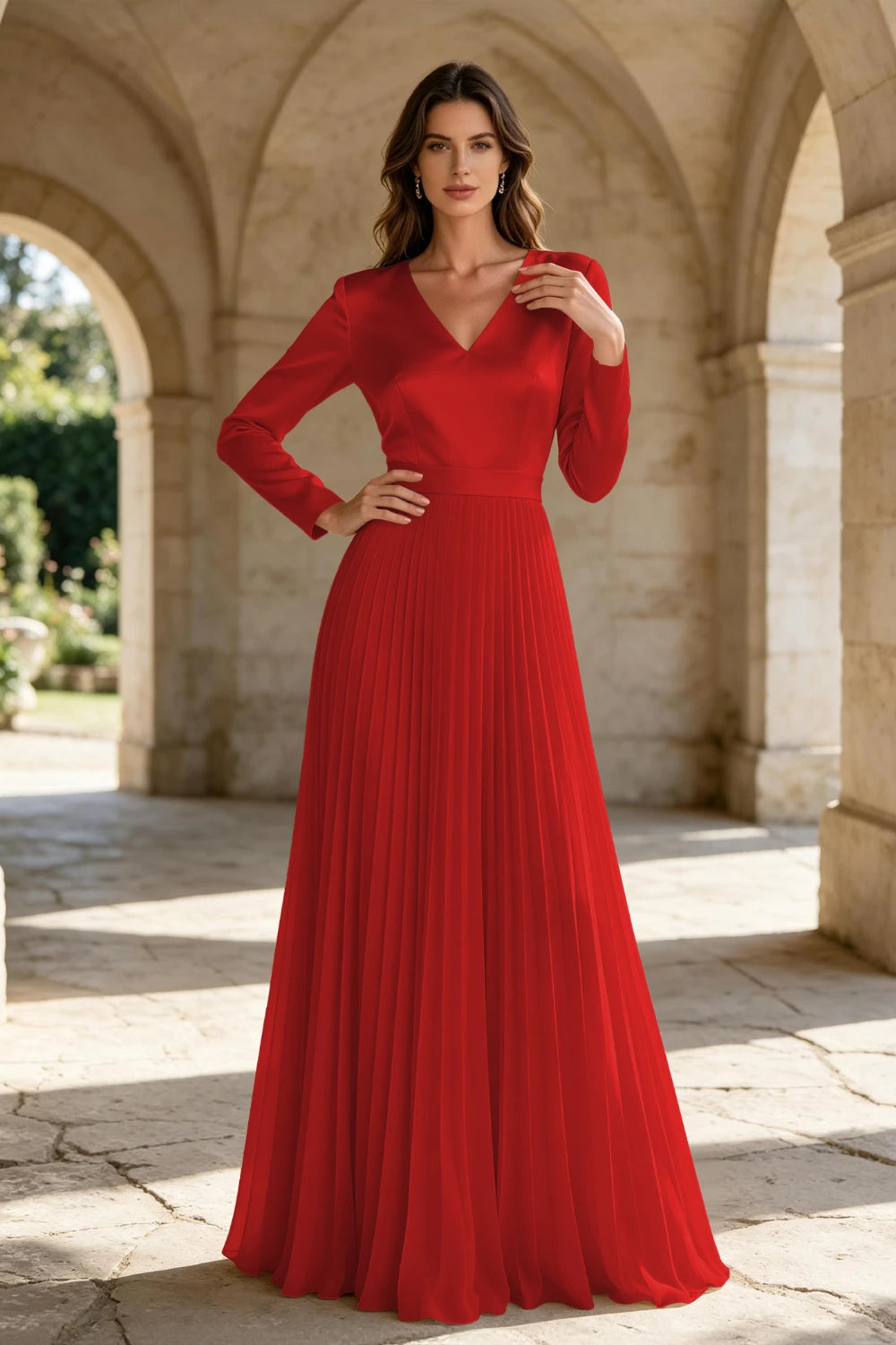 Champagne Satin Long Sleeve Knife-Pleated Chiffon Floor-Length Dress
