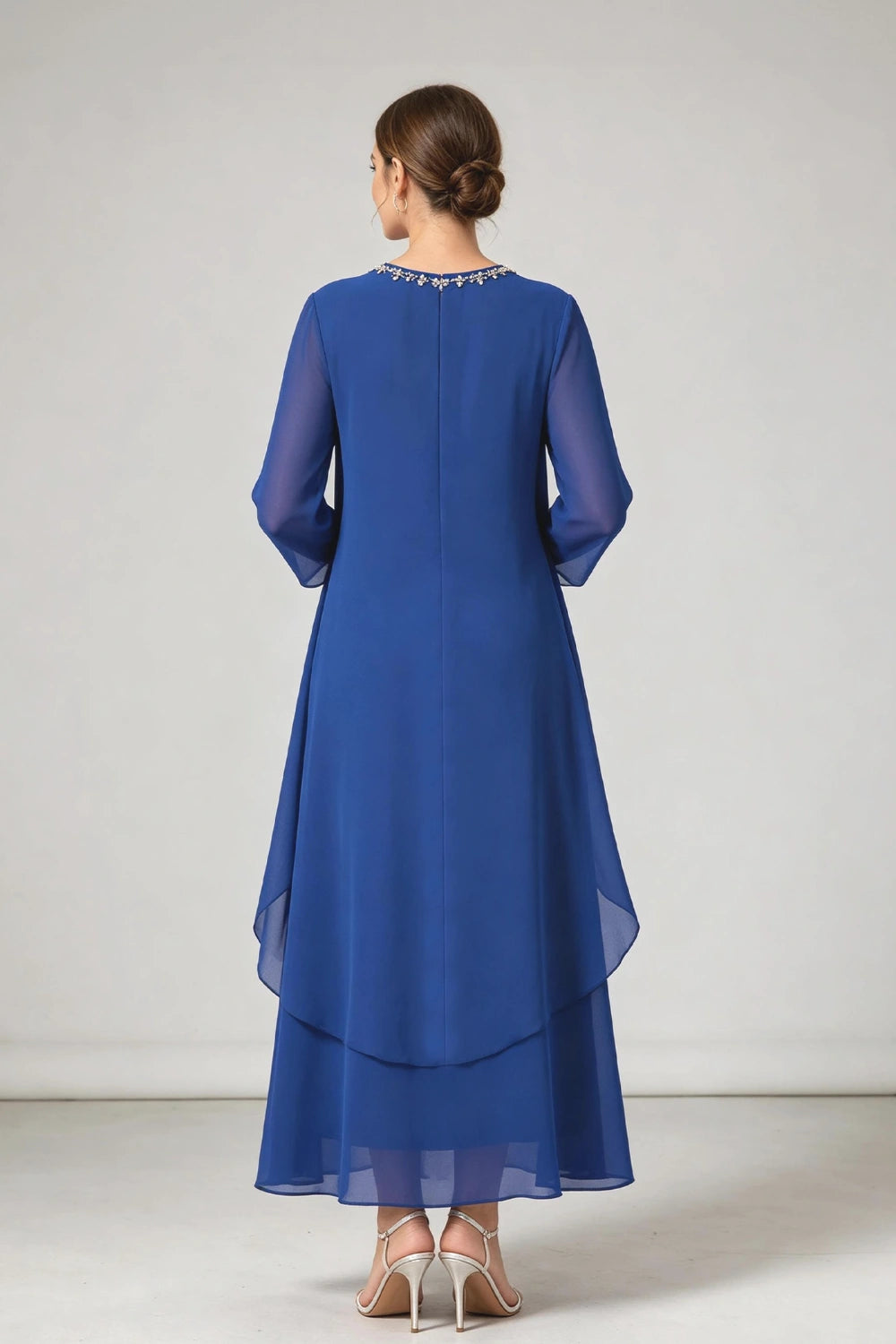 Royal Blue Beaded Neck Asymmetric Overlay Chiffon Mother of the Bride Dress