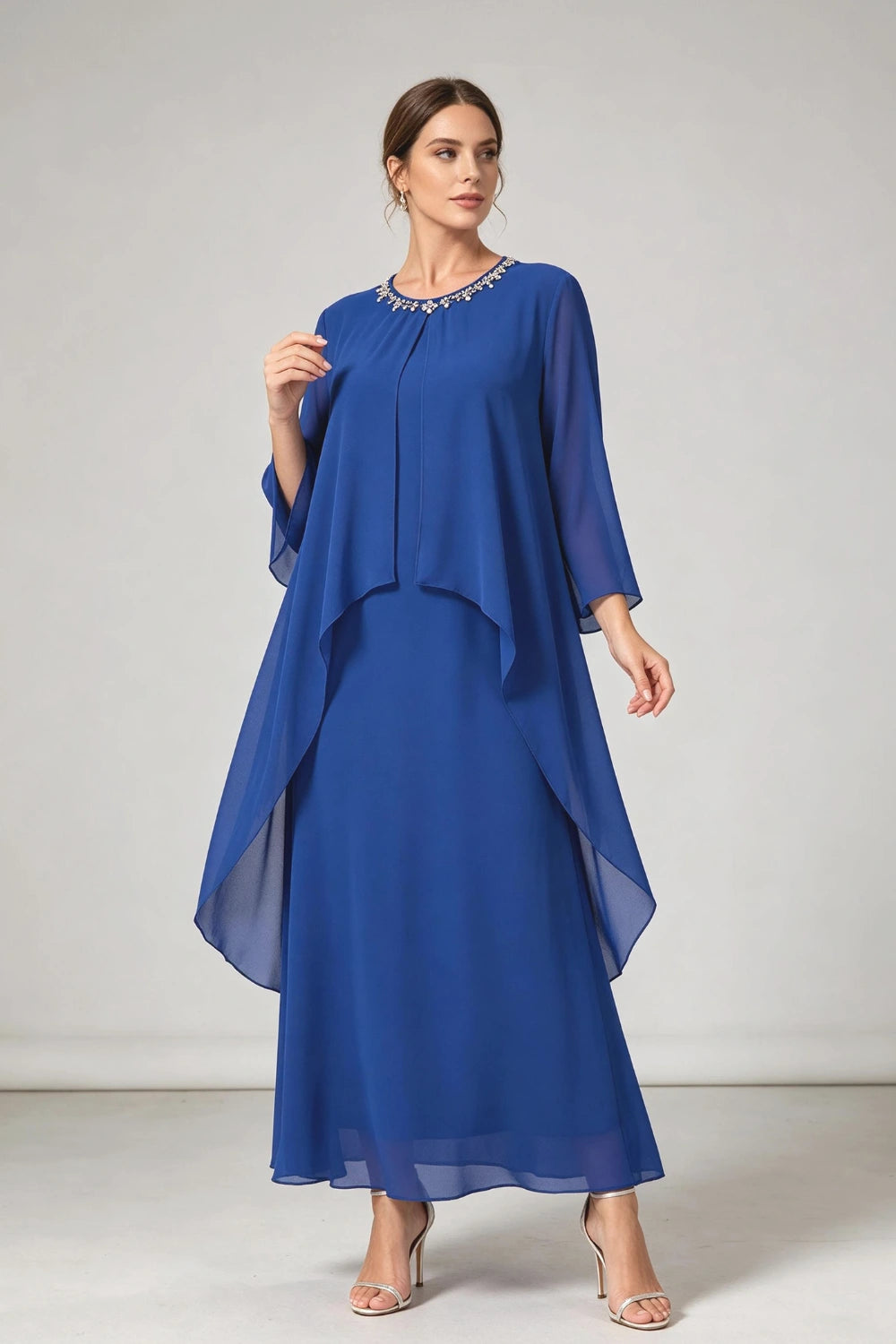 Royal Blue Beaded Neck Asymmetric Overlay Chiffon Mother of the Bride Dress
