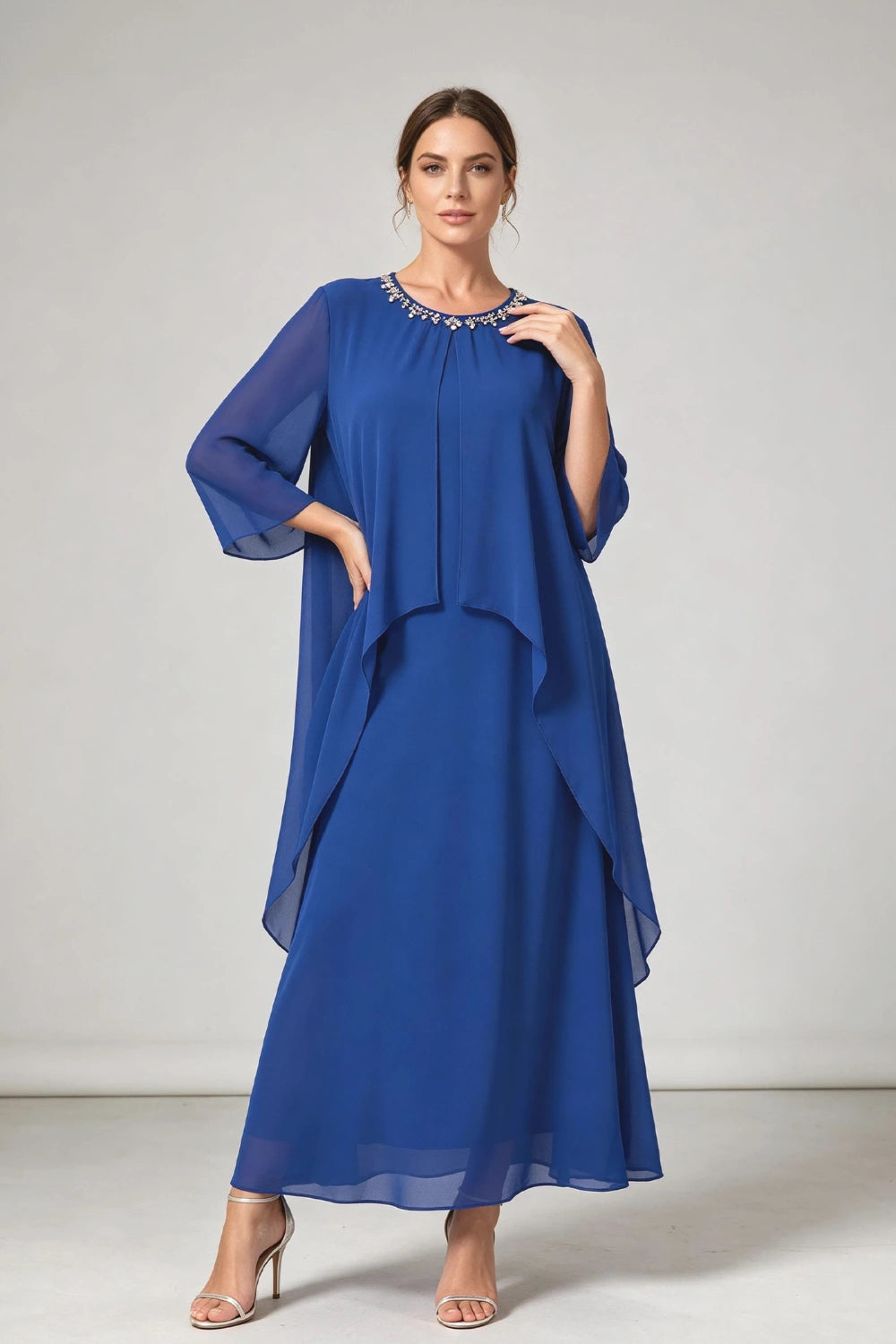 Royal Blue Beaded Neck Asymmetric Overlay Chiffon Mother of the Bride Dress