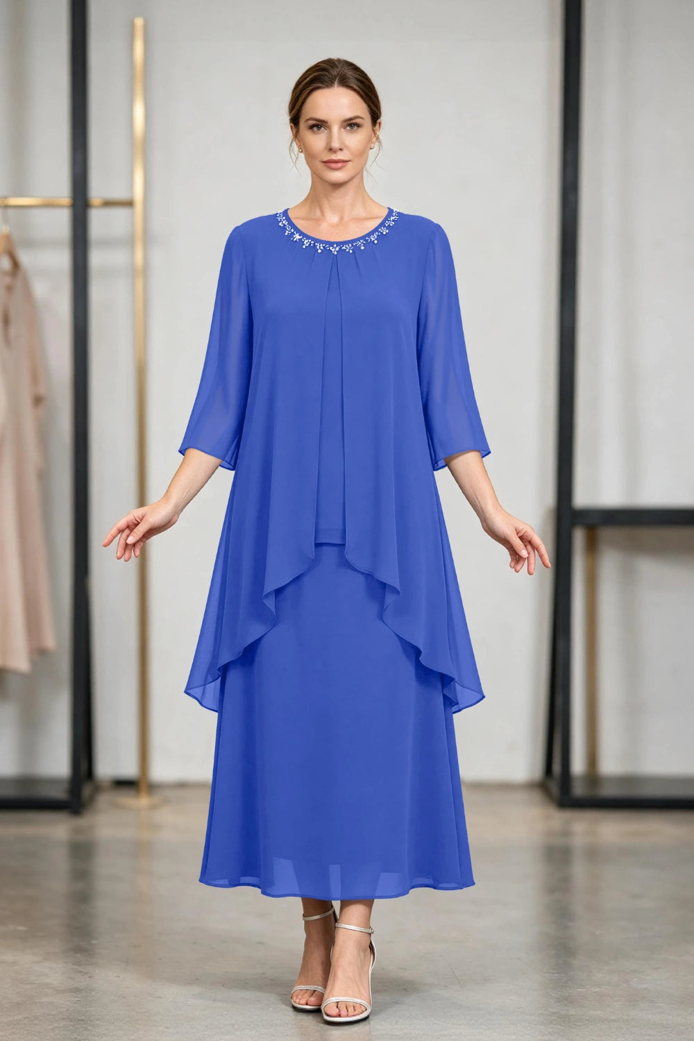 Peacock Blue Beaded Tier Chiffon Mother of the Bride Dress