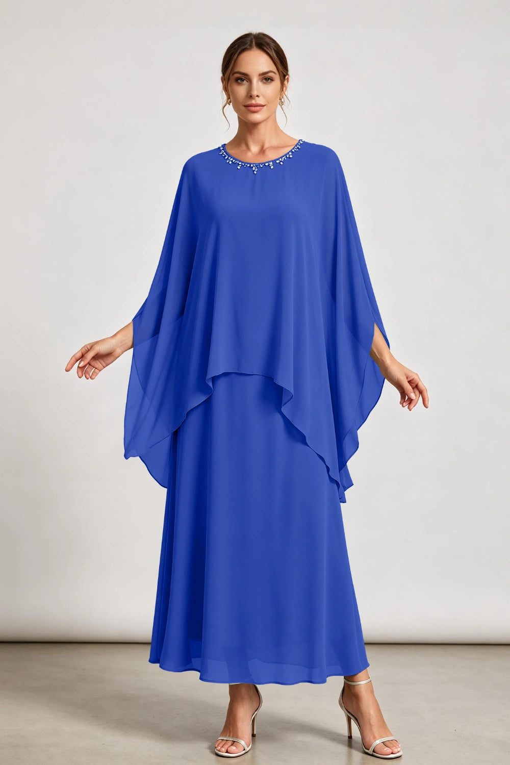 Dusty Sage Beaded Neck Draped Overlay Chiffon Mother of the Bride Dress