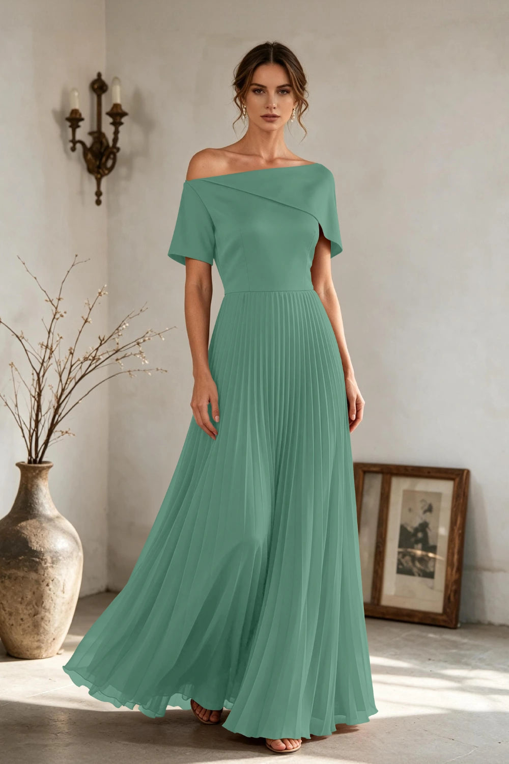 Copper Brown Off-Shoulder Draped Pleated Chiffon Floor-Length Dress