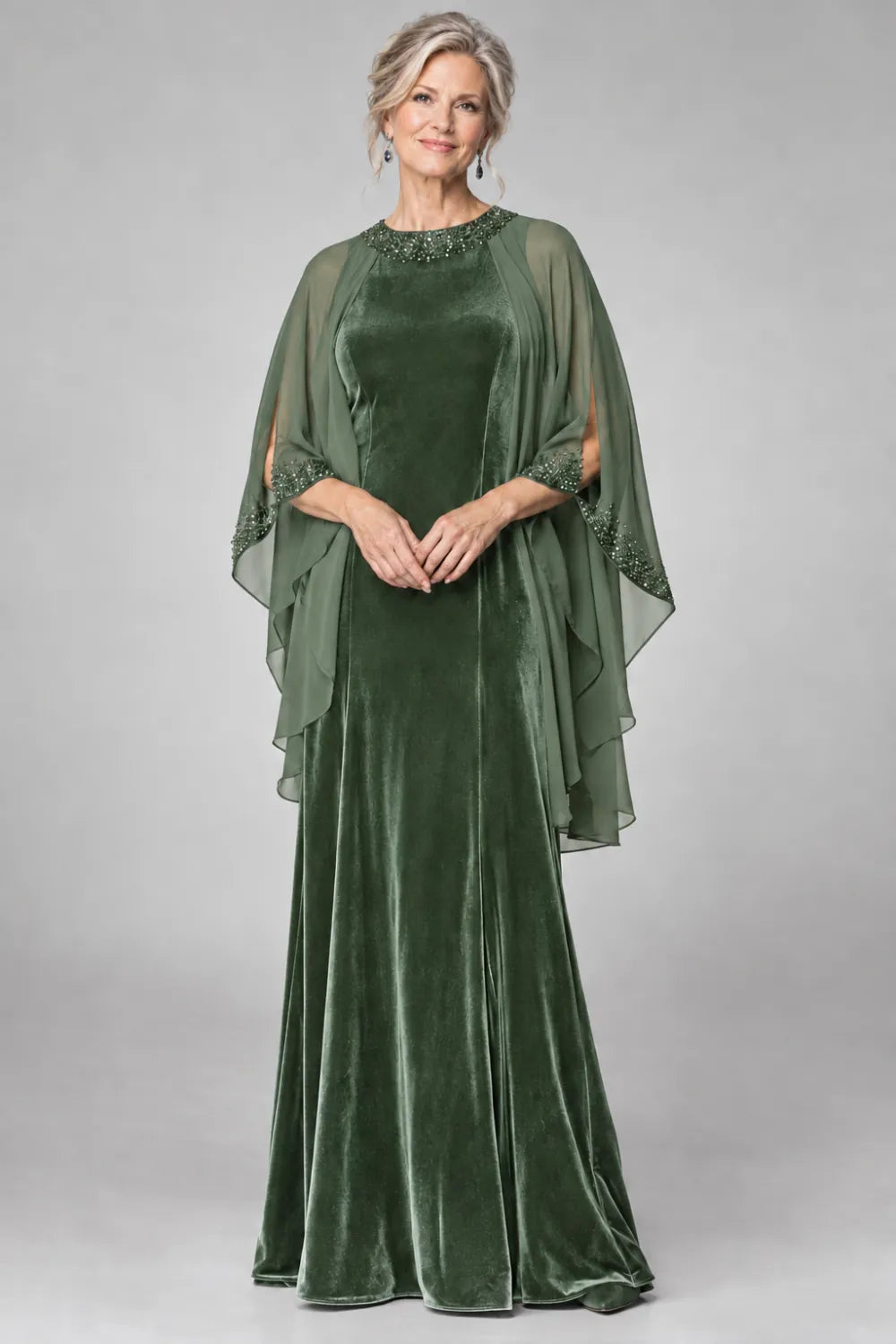 Sage Green dress with beaded round neckline and cascading sheer cape, front view.
